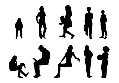 Vektör siluetleri, insanların ana hatları, Contour çizimleri, insanların siluetleri, ikon kümesi izole edilmiş, oturan insanların silueti, mimari set