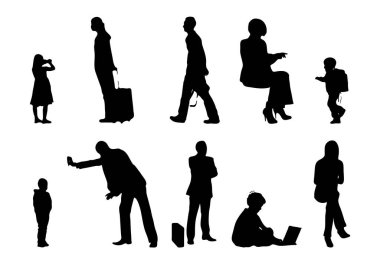 Vektör siluetleri, insanların ana hatları, Contour çizimleri, insanların siluetleri, ikon kümesi izole edilmiş, oturan insanların silueti, mimari set