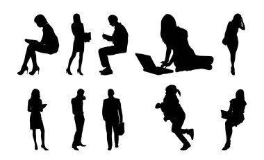 Vektör siluetleri, insanların ana hatları, Contour çizimleri, insanların siluetleri, ikon kümesi izole edilmiş, oturan insanların silueti, mimari set