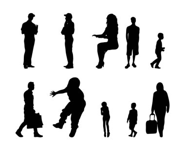 Vektör siluetleri, insanların ana hatları, Contour çizimleri, insanların siluetleri, ikon kümesi izole edilmiş, oturan insanların silueti, mimari set