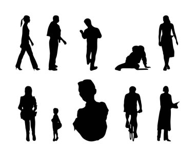 Vektör siluetleri, insanların ana hatları, Contour çizimleri, insanların siluetleri, ikon kümesi izole edilmiş, oturan insanların silueti, mimari set