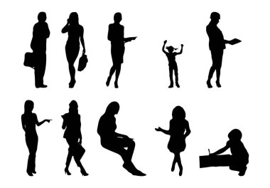 Vektör siluetleri, insanların ana hatları, Contour çizimleri, insanların siluetleri, ikon kümesi izole edilmiş, oturan insanların silueti, mimari set