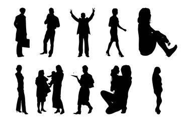 Vektör siluetleri, insanların ana hatları, Contour çizimleri, insanların siluetleri, ikon kümesi izole edilmiş, oturan insanların silueti, mimari set