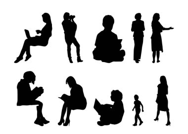 Vektör siluetleri, insanların ana hatları, Contour çizimleri, insanların siluetleri, ikon kümesi izole edilmiş, oturan insanların silueti, mimari set