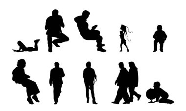 Vektör siluetleri, insanların ana hatları, Contour çizimleri, insanların siluetleri, ikon kümesi izole edilmiş, oturan insanların silueti, mimari set