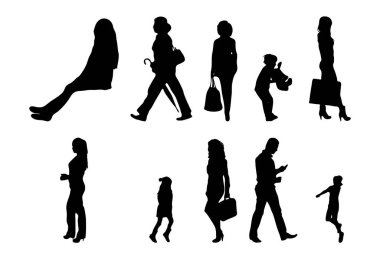 Vektör siluetleri, insanların ana hatları, Contour çizimleri, insanların siluetleri, ikon kümesi izole edilmiş, oturan insanların silueti, mimari set