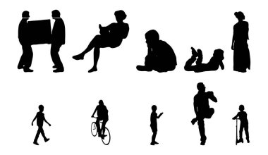 Vektör siluetleri, insanların ana hatları, Contour çizimleri, insanların siluetleri, ikon kümesi izole edilmiş, oturan insanların silueti, mimari set