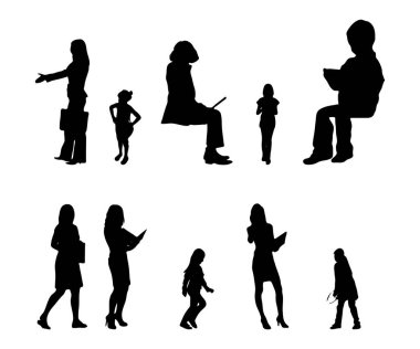 Vektör siluetleri, insanların ana hatları, Contour çizimleri, insanların siluetleri, ikon kümesi izole edilmiş, oturan insanların silueti, mimari set