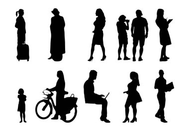 Vektör siluetleri, insanların ana hatları, Contour çizimleri, insanların siluetleri, ikon kümesi izole edilmiş, oturan insanların silueti, mimari set