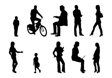 Vektör siluetleri, insanların ana hatları, Contour çizimleri, insanların siluetleri, ikon kümesi izole edilmiş, oturan insanların silueti, mimari set