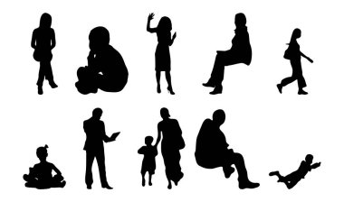 Vektör siluetleri, insanların ana hatları, Contour çizimleri, insanların siluetleri, ikon kümesi izole edilmiş, oturan insanların silueti, mimari set