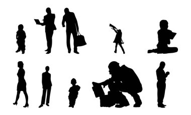 Vektör siluetleri, insanların ana hatları, Contour çizimleri, insanların siluetleri, ikon kümesi izole edilmiş, oturan insanların silueti, mimari set