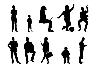 Vektör siluetleri, insanların ana hatları, Contour çizimleri, insanların siluetleri, ikon kümesi izole edilmiş, oturan insanların silueti, mimari set