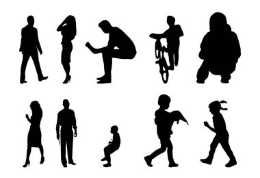 Vektör siluetleri, insanların ana hatları, Contour çizimleri, insanların siluetleri, ikon kümesi izole edilmiş, oturan insanların silueti, mimari set