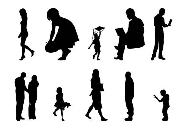 Vektör siluetleri, insanların ana hatları, Contour çizimleri, insanların siluetleri, ikon kümesi izole edilmiş, oturan insanların silueti, mimari set