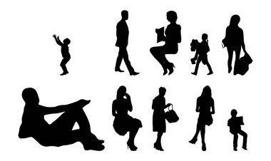 Vektör siluetleri, insanların ana hatları, Contour çizimleri, insanların siluetleri, ikon kümesi izole edilmiş, oturan insanların silueti, mimari set