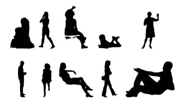 Vektör siluetleri, insanların ana hatları, Contour çizimleri, insanların siluetleri, ikon kümesi izole edilmiş, oturan insanların silueti, mimari set