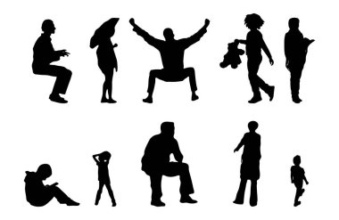 Vektör siluetleri, insanların ana hatları, Contour çizimleri, insanların siluetleri, ikon kümesi izole edilmiş, oturan insanların silueti, mimari set