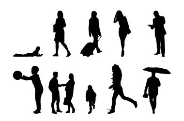 Vektör siluetleri, insanların ana hatları, Contour çizimleri, insanların siluetleri, ikon kümesi izole edilmiş, oturan insanların silueti, mimari set
