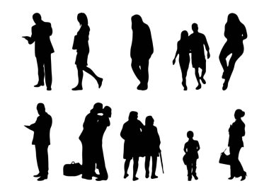 Vektör siluetleri, insanların ana hatları, Contour çizimleri, insanların siluetleri, ikon kümesi izole edilmiş, oturan insanların silueti, mimari set