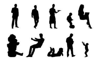 Vektör siluetleri, insanların ana hatları, Contour çizimleri, insanların siluetleri, ikon kümesi izole edilmiş, oturan insanların silueti, mimari set