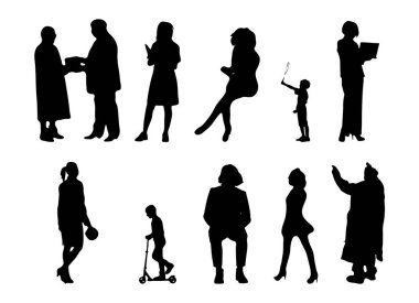 Vektör siluetleri, insanların ana hatları, Contour çizimleri, insanların siluetleri, ikon kümesi izole edilmiş, oturan insanların silueti, mimari set