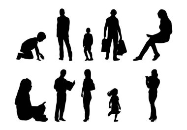 Vektör siluetleri, insanların ana hatları, Contour çizimleri, insanların siluetleri, ikon kümesi izole edilmiş, oturan insanların silueti, mimari set
