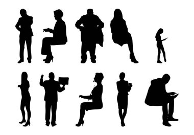Vektör siluetleri, insanların ana hatları, Contour çizimleri, insanların siluetleri, ikon kümesi izole edilmiş, oturan insanların silueti, mimari set