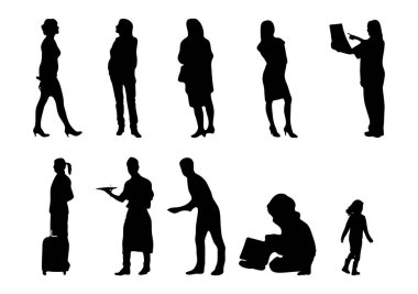 Vektör siluetleri, insanların ana hatları, Contour çizimleri, insanların siluetleri, ikon kümesi izole edilmiş, oturan insanların silueti, mimari set