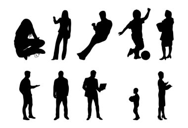 Vektör siluetleri, insanların ana hatları, Contour çizimleri, insanların siluetleri, ikon kümesi izole edilmiş, oturan insanların silueti, mimari set