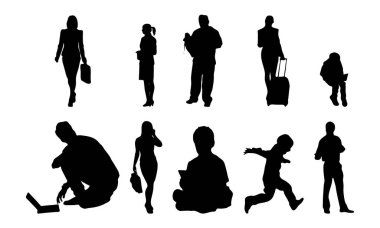 Vektör siluetleri, insanların ana hatları, Contour çizimleri, insanların siluetleri, ikon kümesi izole edilmiş, oturan insanların silueti, mimari set