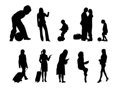 Vektör siluetleri, insanların ana hatları, Contour çizimleri, insanların siluetleri, ikon kümesi izole edilmiş, oturan insanların silueti, mimari set