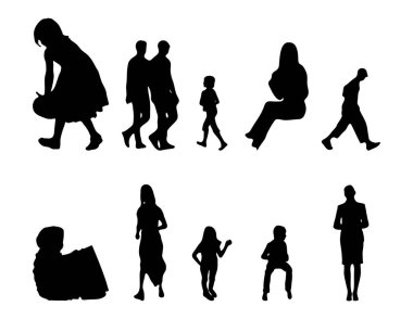Vektör siluetleri, insanların ana hatları, Contour çizimleri, insanların siluetleri, ikon kümesi izole edilmiş, oturan insanların silueti, mimari set