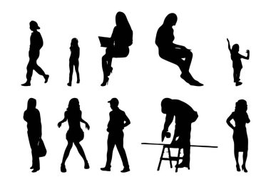 Vektör siluetleri, insanların ana hatları, Contour çizimleri, insanların siluetleri, ikon kümesi izole edilmiş, oturan insanların silueti, mimari set