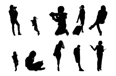 Vektör siluetleri, insanların ana hatları, Contour çizimleri, insanların siluetleri, ikon kümesi izole edilmiş, oturan insanların silueti, mimari set