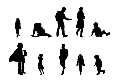 Vektör siluetleri, insanların ana hatları, Contour çizimleri, insanların siluetleri, ikon kümesi izole edilmiş, oturan insanların silueti, mimari set