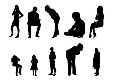 Vektör siluetleri, insanların ana hatları, Contour çizimleri, insanların siluetleri, ikon kümesi izole edilmiş, oturan insanların silueti, mimari set