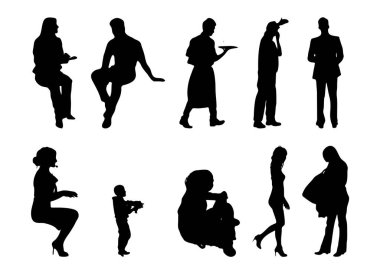 Vektör siluetleri, insanların ana hatları, Contour çizimleri, insanların siluetleri, ikon kümesi izole edilmiş, oturan insanların silueti, mimari set