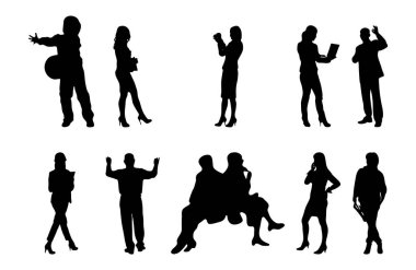 Vektör siluetleri, insanların ana hatları, Contour çizimleri, insanların siluetleri, ikon kümesi izole edilmiş, oturan insanların silueti, mimari set