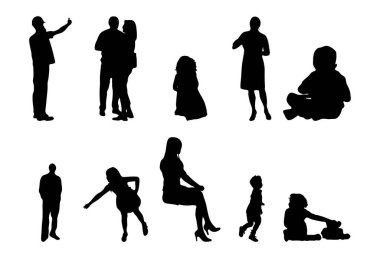 Vektör siluetleri, insanların ana hatları, Contour çizimleri, insanların siluetleri, ikon kümesi izole edilmiş, oturan insanların silueti, mimari set