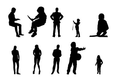 Vektör siluetleri, insanların ana hatları, Contour çizimleri, insanların siluetleri, ikon kümesi izole edilmiş, oturan insanların silueti, mimari set