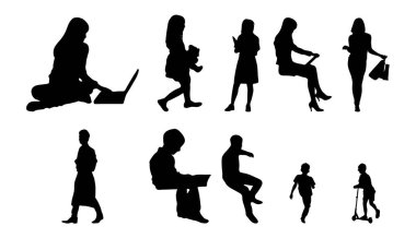 Vektör siluetleri, insanların ana hatları, Contour çizimleri, insanların siluetleri, ikon kümesi izole edilmiş, oturan insanların silueti, mimari set