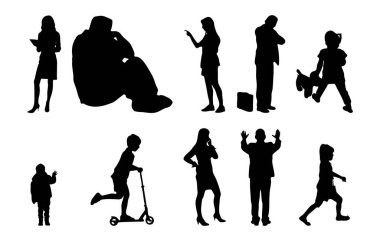 Vektör siluetleri, insanların ana hatları, Contour çizimleri, insanların siluetleri, ikon kümesi izole edilmiş, oturan insanların silueti, mimari set