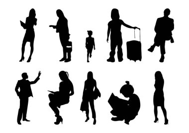 Vektör siluetleri, insanların ana hatları, Contour çizimleri, insanların siluetleri, ikon kümesi izole edilmiş, oturan insanların silueti, mimari set