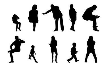 Vektör siluetleri, insanların ana hatları, Contour çizimleri, insanların siluetleri, ikon kümesi izole edilmiş, oturan insanların silueti, mimari set