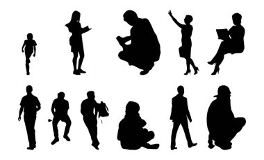 Vektör siluetleri, insanların ana hatları, Contour çizimleri, insanların siluetleri, ikon kümesi izole edilmiş, oturan insanların silueti, mimari set