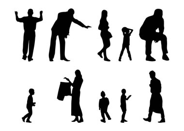 Vektör siluetleri, insanların ana hatları, Contour çizimleri, insanların siluetleri, ikon kümesi izole edilmiş, oturan insanların silueti, mimari set