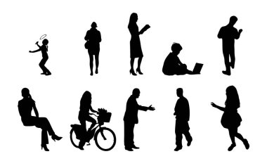 Vektör siluetleri, insanların ana hatları, Contour çizimleri, insanların siluetleri, ikon kümesi izole edilmiş, oturan insanların silueti, mimari set