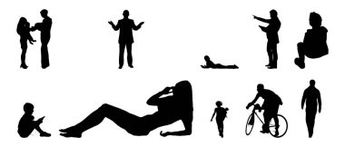 Vektör siluetleri, insanların ana hatları, Contour çizimleri, insanların siluetleri, ikon kümesi izole edilmiş, oturan insanların silueti, mimari set