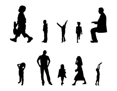 Vektör siluetleri, insanların ana hatları, Contour çizimleri, insanların siluetleri, ikon kümesi izole edilmiş, oturan insanların silueti, mimari set